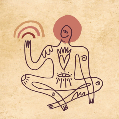 Abstrakte sitzende Figur mit Herz und Auge.